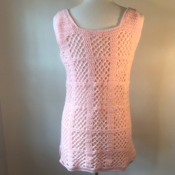 Vintage Pink Crocheted Sweater, Sweater Vest, Mini Dress, Grannycore Cottagecore - Picture 10 of 13
